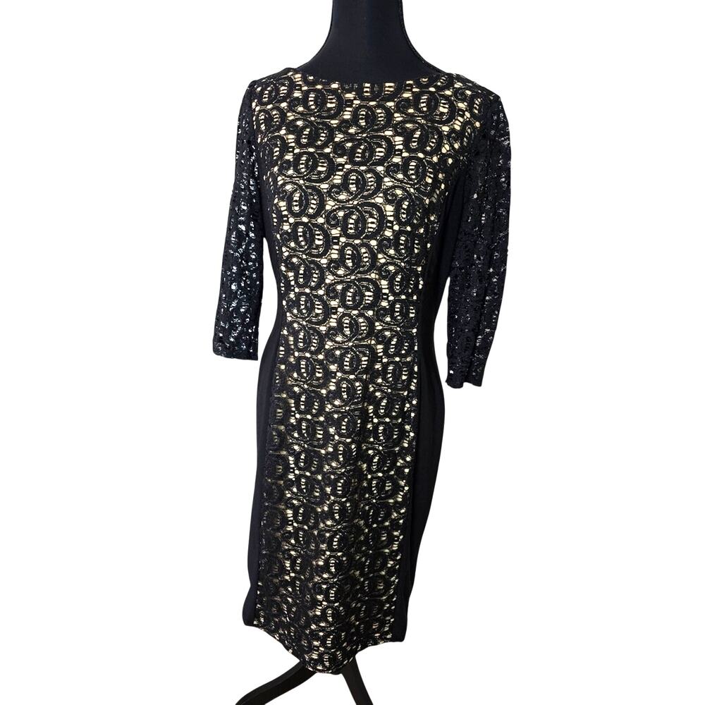 Anne Klein Black and Nude Lace Long Sleeve Dress| 6